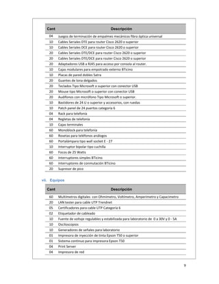  
9 
 
Cant Descripción
04  Juegos de terminación de empalmes mecánicos fibra óptica universal 
10  Cables Seriales DTE para router Cisco 2620 o superior 
10  Cables Seriales DCE para router Cisco 2620 o superior 
20  Cables Seriales DTE/DCE para router Cisco 2620 o superior 
20  Cables Seriales DTE/DCE para router Cisco 2620 o superior 
20  Adaptadores USB a RJ45 para acceso por consola al router. 
10  Cajas modulares para empotrado externo BTicino 
10  Placas de pared dobles Satra 
20  Guantes de lona delgados 
20  Teclados Tipo Microsoft o superior con conector USB 
20  Mouse tipo Microsoft o superior con conector USB 
20  Audífonos con micrófono Tipo Microsoft o superior. 
10  Bastidores de 24 U o superior y accesorios, con ruedas 
10  Patch panel de 24 puertos categoría 6 
04  Rack para telefonía 
04  Regletas de telefonía 
10  Cajas terminales 
60  Monoblock para telefonía 
60  Rosetas para teléfonos análogos 
60  Portalámpara tipo wall socket E ‐ 27 
10  Interruptor bipolar tipo cuchilla 
60  Focos de 25 Watts 
60  Interruptores simples BTicino 
60  Interruptores de conmutación BTicino 
20  Supresor de pico 
vii. Equipos
Cant Descripción
60  Multímetros digitales  con Ohmímetro, Voltímetro, Amperímetro y Capacimetro 
20  LAN tester para cable UTP Trendnet 
05  Certificadores para cable UTP Categoría 6 
02  Etiquetador de cableado 
10  Fuente de voltaje regulables y estabilizada para laboratorio de  0 a 30V y 0 ‐ 5A 
10  Osciloscopios 
10  Generadores de señales para laboratorio 
01  Impresora de inyección de tinta Epson T50 o superior 
01  Sistema continuo para impresora Epson T50 
04  Print Server 
04  Impresora de red 
 