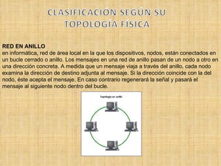 RED EN ANILLO en informática, red de área local en la que los dispositivos, nodos, están conectados en un bucle cerrado o anillo. Los mensajes en una red de anillo pasan de un nodo a otro en una dirección concreta. A medida que un mensaje viaja a través del anillo, cada nodo examina la dirección de destino adjunta al mensaje. Si la dirección coincide con la del nodo, éste acepta el mensaje. En caso contrario regenerará la señal y pasará el mensaje al siguiente nodo dentro del bucle. 