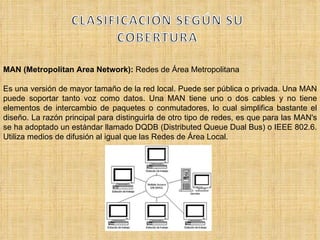 MAN (Metropolitan Area Network):  Redes de Área Metropolitana Es una versión de mayor tamaño de la red local. Puede ser pública o privada. Una MAN puede soportar tanto voz como datos. Una MAN tiene uno o dos cables y no tiene elementos de intercambio de paquetes o conmutadores, lo cual simplifica bastante el diseño. La razón principal para distinguirla de otro tipo de redes, es que para las MAN's se ha adoptado un estándar llamado DQDB (Distributed Queue Dual Bus) o IEEE 802.6. Utiliza medios de difusión al igual que las Redes de Área Local. 