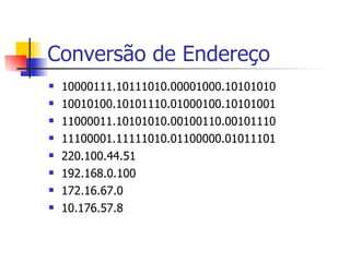 Conversão de Endereço 10000111.10111010.00001000.10101010 10010100.10101110.01000100.10101001 11000011.10101010.00100110.00101110 11100001.11111010.01100000.01011101 220.100.44.51 192.168.0.100 172.16.67.0 10.176.57.8 