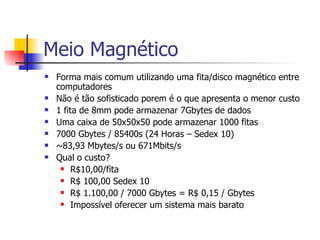 Meio Magnético Forma mais comum utilizando uma fita/disco magnético entre computadores Não é tão sofisticado porem é o que apresenta o menor custo 1 fita de 8mm pode armazenar 7Gbytes de dados Uma caixa de 50x50x50 pode armazenar 1000 fitas 7000 Gbytes / 85400s (24 Horas – Sedex 10) ~83,93 Mbytes/s ou 671Mbits/s Qual o custo? R$10,00/fita R$ 100,00 Sedex 10 R$ 1.100,00 / 7000 Gbytes = R$ 0,15 / Gbytes Impossível oferecer um sistema mais barato 