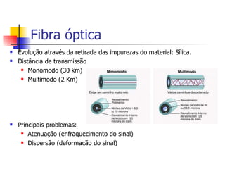 Fibra óptica Evolução através da retirada das impurezas do material: Sílica. Distância de transmissão Monomodo (30 km) Multimodo (2 Km) Principais problemas: Atenuação (enfraquecimento do sinal) Dispersão (deformação do sinal) 