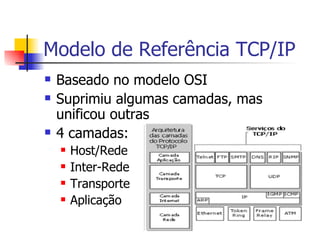 Modelo de Referência TCP/IP Baseado no modelo OSI Suprimiu algumas camadas, mas unificou outras 4 camadas:  Host/Rede Inter-Rede Transporte Aplicação 
