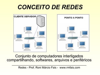 CONCEITO DE REDES Conjunto de computadores interligados compartilhando, softwares, arquivos e periféricos ________________________________________________ Redes - Prof. Roni Márcio Fais -  www.rmfais.com 