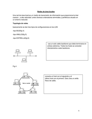 Redes de área locales

Una red de área local es un medio de transmisión de información que proporciona la inter
coexion , a alta velocidad ,entre diversos ordenadores terminales y periféricos situado en
un entorno reducido

Topología de redes

basicamente se dan tres tipos de configuraciones en los LAN

-tipo BUS(fig 4)

-tipo ANILLO(fig 5)

-tipo ESTRELLA(fig 6)


                                                usa un solo cable backbone que debe terminarse en
                                               ambos extremos. Todos los hosts se conectan
                                               directamente a este backbone.




Fig 4




                                            conecta un host con el siguiente y al
                                            último host con el primero. Esto crea un anillo
                                            físico de cable.




                                                                                          6
 
