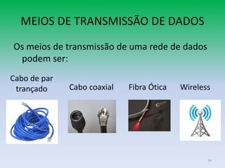 MEIOS DE TRANSMISSÃO DE DADOS
Os meios de transmissão de uma rede de dados
 podem ser:
Cabo de par
 trançado     Cabo coaxial   Fibra Ótica   Wireless




                                                  14
 