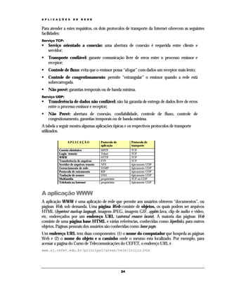 A P L I C A Ç Õ E S

D E

R E D E

Para atender a estes requisitos, os dois protocolos de transporte da Internet oferecem as seguintes
facilidades:
Serviço TCP:

Serviço orientado a conexão: uma abertura de conexão é requerida entre cliente e
servidor;
Transporte confiável: garante comunicação livre de erros entre o processo emissor e
receptor;
Controle de fluxo: evita que o emissor possa “afogar” com dados um receptor mais lento;
Controle de congestionamento: permite “estrangular” o emissor quando a rede está
sobrecarregada.
Não provê: garantias temporais ou de banda mínima.
Serviço UDP:

Transferência de dados não confiável: não há garantia de entrega de dados livre de erros
entre o processo emissor e receptor;
Não Provê: abertura de conexão, confiabilidade, controle de fluxo, controle de
congestionamento, garantias temporais ou de banda mínima.
A tabela a seguir mostra algumas aplicações típicas e os respectivos protocolos de transporte
utilizados.
APLICAÇÃO
Correio eletrônico
Login remoto
WWW
Transferência de arquivos
Servidor de arquivos remoto
Gerenciamento de rede
Protocolo de roteamento
Tradução de nomes
Multimídia
Telefonia na Internet

Protocolo de
aplicação

Protocolo de
transporte

SMTP
Telnet
HTTP
FTP
NFS
SNMP
RIP
DNS
proprietário
proprietário

TCP
TCP
TCP
TCP
tipicamente UDP
tipicamente UDP
tipicamente UDP
tipicamente UDP
TCP ou UDP
tipicamente UDP

A aplicação WWW
A aplicação WWW é uma aplicação de rede que permite aos usuários obterem “documentos”, ou
páginas Web, sob demanda. Uma página Web consiste de objetos, os quais podem ser arquivos
HTML (hypertext markup language), imagens JPEG, imagens GIF, applets Java, clip de áudio e vídeo,
etc, endereçados por um endereço URL (universal resource locator). A maioria das páginas Web
consiste de uma página base HTML e várias referências, conhecidas como hiperlinks, para outros
objetos. Páginas pessoais dos usuários são conhecidas como home pages.
Um endereço URL tem duas componentes: (1) o nome do computador que hospeda as páginas
Web e (2) o nome do objeto e o caminho onde o mesmo esta localizado. Por exemplo, para
acessar a página do Curso de Telecomunicações do CEFET, o endereço URL é
www.sj.cefet.edu.br/principal/areas/tele/inicio.htm

24

 