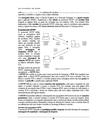 A P L I C A Ç Õ E S

D E

R E D E

onde www.sj.cefet.edu.br é o endereço do servidor e /principal/areas/tele/inicio.htm
especifica o caminho e o arquivo com o objeto solicitado.
Um navegador Web, como o Internet Explorer ou o Netscape Navigator, é o agente usuário
para a aplicação WWW e implementa o lado cliente do protocolo HTTP. Um servidor Web
hospeda as páginas Web, as quais são acessadas por seu endereço URL. Um servidor Web
implementa o lado servidor do protocolo HTTP, sendo que, entre os servidores mais populares
temos o Apache do Linux, o IIS (Internet Information Server) da Microsoft e o Netscape Server.
O protocolo HTTP
O protocolo HTTP define
como os navegadores Web
(clientes) requisitam páginas
de servidores Web. Quando
um usuário requisita um
objeto, por exemplo clicando
em uma referência de uma
página Web, o navegador
envia
mensagens
de
requisição HTTP para o
servidor Web. O servidor
recebe a requisição e responde
com uma mensagem de
resposta HTTP que contém
os objetos solicitados (Figura
2.2).

HTTP
request

Computador
rodando
Explorer

HTTP
response

Servidor
rodando
Apache

HTTP
request

HTTP
response

Computador
rodando
Netscape

Há duas versões do protocolo
Figura 2.2. Protocolo HTTP
HTTP implementadas pelos
navegadores, o HTTP/1.0 e
o HTTP/1.1 e ambas as versões usam como protocolo de transporte o TCP. Para requisitar uma
página Web, o cliente HTTP primeiramente abre uma conexão TCP com o servidor. Uma vez
aberta a conexão TCP o cliente e o servidor podem trocar mensagens através das suas portas de
interface. A porta 80 é o padrão para a aplicação WWW.
O HTTP/1.0 usa o que se chama conexões não persistentes, onde após a requisição de cada
objeto, o servidor responde e encerra a conexão TCP. Por exemplo, para uma página Web
composta de um arquivo base HTML e mais 5 imagens JPEG, após a recepção de cada arquivo, a
conexão TCP é encerrada e deverá ser reaberta para cada novo objeto requisitado (isto é feito
automaticamente pelo agente usuário).
O HTTP/1.1 permitiu melhorar o desempenho dos navegadores Web através do uso de conexões
persistentes, onde o servidor mantém a conexão TCP aberta após o envio da resposta. Desta
forma, as requisições e as respostas subsequentes entre o mesmo par cliente/servidor podem utilizar
a mesma conexão já aberta, eliminando o tempo de abertura de conexão. Caso a conexão deixe de
ser utilizada por um certo tempo o servidor se encarrega de liberar a conexão.
Formato das mensagens HTTP

O protocolo HTTP é baseado no paradigma pedido/resposta, havendo dois tipos de mensagens:
mensagens de requisição e mensagens de resposta.
25

 