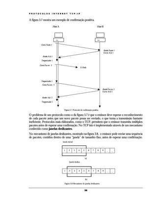P R O T O C O L O S

I N T E R N E T

T C P / I P

A figura 3.7 mostra um exemplo de confirmação positiva.
Host A

Host B

Envia Pacote 1
Recebe Pacote 1
Envia Ack 1
Recebe Ack 1
Temporizador 1
Envia Pacote 2

X Perda

Temporizador 2
Envia Pacote 2
Recebe Pacote 2
Envia Ack 2
Recebe Ack 2
Temporizador 2

Figura 3.7. Protocolo de confirmação positiva.

O problema de um protocolo como o da figura 3.7 é que o emissor deve esperar o reconhecimento
de cada pacote antes que um novo pacote possa ser enviado, o que torna a transmissão bastante
ineficiente. Protocolos mais elaborados, como o TCP, permitem que o emissor transmita múltiplos
pacotes antes de esperar uma confirmação. No TCP isto é implementado através de um mecanismo
conhecido como janelas deslizantes.
No mecanismo de janelas deslizantes, mostrado na figura 3.8, o emissor pode enviar uma sequência
de pacotes, contidos dentro de uma “janela” de tamanho fixo, antes de esperar uma confirmação.
Janela inicial

1

2

3

4

5

6

7

8

9

.

.

6

7

8

9

.

.

(a)
Janela desliza

1

2

3

4

5

(b)
Figura 3.8 Mecanismo de janelas deslizantes
39

 