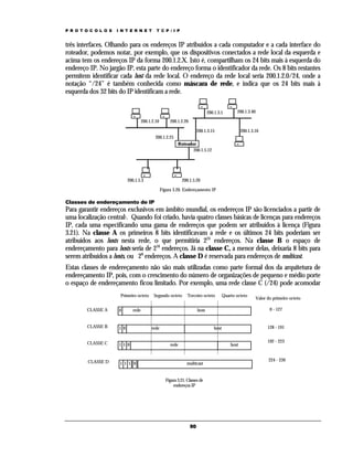 P R O T O C O L O S

I N T E R N E T

T C P / I P

três interfaces. Olhando para os endereços IP atribuídos a cada computador e a cada interface do
roteador, podemos notar, por exemplo, que os dispositivos conectados a rede local da esquerda e
acima tem os endereços IP da forma 200.1.2.X. Isto é, compartilham os 24 bits mais à esquerda do
endereço IP. No jargão IP, esta parte do endereço forma o identificador da rede. Os 8 bits restantes
permitem identificar cada host da rede local. O endereço da rede local seria 200.1.2.0/24, onde a
notação “/24” é também conhecida como máscara de rede, e indica que os 24 bits mais à
esquerda dos 32 bits do IP identificam a rede.
200.1.3.5
200.1.2.10

200.1.3.40

200.1.2.20
200.1.3.15

200.1.3.16

200.1.2.25
Roteador
200.1.5.12

200.1.5.3

200.1.5.20
Figura 3.20. Endereçamento IP

Classes de endereçamento de IP

Para garantir endereços exclusivos em âmbito mundial, os endereços IP são licenciados a partir de
uma localização central1. Quando foi criado, havia quatro classes básicas de licenças para endereços
IP, cada uma especificando uma gama de endereços que podem ser atribuídos à licença (Figura
3.21). Na classe A os primeiros 8 bits identificavam a rede e os últimos 24 bits poderiam ser
atribuídos aos hosts nesta rede, o que permitiria 224 endereços. Na classe B o espaço de
endereçamento para hosts seria de 216 endereços. Já na classe C, a menor delas, deixaria 8 bits para
serem atribuídos a hosts, ou 28 endereços. A classe D é reservada para endereços de multicast.
Estas classes de endereçamento não são mais utilizadas como parte formal dos da arquitetura de
endereçamento IP, pois, com o crescimento do número de organizações de pequeno e médio porte
o espaço de endereçamento ficou limitado. Por exemplo, uma rede classe C (/24) pode acomodar
Primeiro octeto
CLASSE A

0

CLASSE B

1 0

CLASSE C

1 1 0

CLASSE D

1 1 1 0

Segundo octeto

Terceiro octeto

rede

Quarto octeto

0 - 127

host

rede

128 - 191

host
rede

host

multicast

Figura 3.21. Classes de
endereços IP

50

Valor do primeiro octeto

192 - 223

224 - 239

 