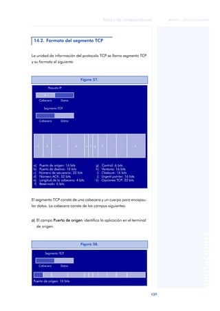 Redes de computadores 
137 
ãã FUOC • XP04/90786/00020 
ANOTACIONES 
14.2. Formato del segmento TCP 
La unidad de información del protocolo TCP se llama segmento TCP 
y su formato el siguiente: 
El segmento TCP consta de una cabecera y un cuerpo para encapsu-lar 
datos. La cabecera consta de los campos siguientes: 
a) El campo Puerto de origen identifica la aplicación en el terminal 
de origen. 
Figura 57. 
Figura 58. 
 