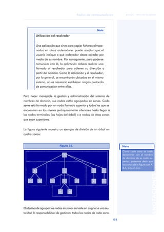 Redes de computadores 
Figura 75. Nota 
175 
ãã FUOC • XP04/90786/00020 
ANOTACIONES 
Nota 
Utilización del resolvedor 
Una aplicación que sirva para copiar ficheros almace-nados 
en otros ordenadores puede aceptar que el 
usuario indique a qué ordenador desea acceder por 
medio de su nombre. Por consiguiente, para poderse 
comunicar con él, la aplicación deberá realizar una 
llamada al resolvedor para obtener su dirección a 
partir del nombre. Como la aplicación y el resolvedor, 
por lo general, se encontrarán ubicados en el mismo 
sistema, no es necesario establecer ningún protocolo 
de comunicación entre ellos. 
Para hacer manejable la gestión y administración del sistema de 
nombres de dominio, sus nodos están agrupados en zonas. Cada 
zona está formada por un nodo llamado superior y todos los que se 
encuentren en los niveles jerárquicamente inferiores hasta llegar a 
los nodos terminales (las hojas del árbol) o a nodos de otras zonas 
que sean superiores. 
La figura siguiente muestra un ejemplo de división de un árbol en 
cuatro zonas: 
El objetivo de agrupar los nodos en zonas consiste en asignar a una au-toridad 
la responsabilidad de gestionar todos los nodos de cada zona. 
Como cada zona se suele 
denominar con el nombre 
de dominio de su nodo su-perior, 
podemos decir que 
las zonas de la figura son A, 
B.A, C.A e I.C.A. 
 