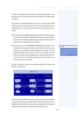 Redes de computadores 
177 
ãã FUOC • XP04/90786/00020 
ANOTACIONES 
puesta sin autoridad. Por otro lado, los resolvedores también sue-len 
guardar en una caché propia las respuestas que reciben de los 
servidores. 
Para ofrecer una alta fiabilidad en el servicio, la especificación DNS 
requiere que para cada zona haya como mínimo dos servidores con 
autoridad que, por norma general, responden a las siguientes fun-ciones: 
a) Uno actúa como servidor primario y guarda los ficheros origina-les 
de la base de datos correspondiente a la zona; es decir, aque-llos 
que el administrador debe actualizar directamente cada vez 
que haya una modificación en sus nodos. 
b) Los otros actúan como servidores secundarios y actualizan auto-máticamente 
sus bases de datos a partir de la del primario; por 
ejemplo, por medio de consultas periódicas para saber si se ha 
producido algún cambio. De este modo, si un servidor primario 
está temporalmente inaccesible (por una caída de la red, del mis-mo 
servidor, etc.), los clientes pueden enviar sus consultas a uno 
de los servidores secundarios. 
La figura siguiente muestra una posible configuración del servicio 
DNS en un ordenador: 
Figura 76. 
En la práctica, se pueden encontrar muchas variantes de este esque-ma; 
por ejemplo, que el servidor DNS se encuentre en el mismo or-denador 
que el resolvedor y que ambos compartan la caché, que el 
resolvedor tenga acceso a diferentes servidores DNS, etc. 
Nota 
En el argot DNS, refrescar 
los datos significa actuali-zarlos 
realizando consultas 
periódicas. 
 