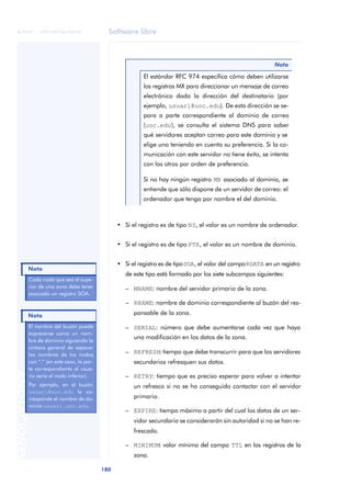 Software libre 
ãã FUOC • XP04/90786/00020 
Nota 
180 ANOTACIONES 
• Si el registro es de tipo NS, el valor es un nombre de ordenador. 
• Si el registro es de tipo PTR, el valor es un nombre de dominio. 
• Si el registro es de tipo SOA, el valor del campo RDATA en un registro 
de este tipo está formado por los siete subcampos siguientes: 
– MNAME: nombre del servidor primario de la zona. 
– RNAME: nombre de dominio correspondiente al buzón del res-ponsable 
de la zona. 
– SERIAL: número que debe aumentarse cada vez que haya 
una modificación en los datos de la zona. 
– REFRESH: tiempo que debe transcurrir para que los servidores 
secundarios refresquen sus datos. 
– RETRY: tiempo que es preciso esperar para volver a intentar 
un refresco si no se ha conseguido contactar con el servidor 
primario. 
– EXPIRE: tiempo máximo a partir del cual los datos de un ser-vidor 
secundario se considerarán sin autoridad si no se han re-frescado. 
– MINIMUM: valor mínimo del campo TTL en los registros de la 
zona. 
Nota 
El estándar RFC 974 especifica cómo deben utilizarse 
los registros MX para direccionar un mensaje de correo 
electrónico dada la dirección del destinatario (por 
ejemplo, usuari@uoc.edu). De esta dirección se se-para 
a parte correspondiente al dominio de correo 
(uoc.edu), se consulta el sistema DNS para saber 
qué servidores aceptan correo para este dominio y se 
elige uno teniendo en cuenta su preferencia. Si la co-municación 
con este servidor no tiene éxito, se intenta 
con los otros por orden de preferencia. 
Si no hay ningún registro MX asociado al dominio, se 
entiende que sólo dispone de un servidor de correo: el 
ordenador que tenga por nombre el del dominio. 
Cada nodo que sea el supe-rior 
de una zona debe tener 
asociado un registro SOA. 
El nombre del buzón puede 
expresarse como un nom-bre 
de dominio siguiendo la 
sintaxis general de separar 
los nombres de los nodos 
con “.” (en este caso, la par-te 
correspondiente al usua-rio 
sería el nodo inferior). 
Por ejemplo, en el buzón 
usuari@uoc.edu le co-rresponde 
el nombre de do-minio 
usuari.uoc.edu. 
Nota 
 