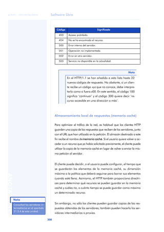 Software libre 
ãã FUOC • XP04/90786/00020 
308 ANOTACIONES 
Código Significado 
403 Acceso prohibido. 
404 No se ha encontrado el recurso. 
500 Error interno del servidor. 
501 Operación no implementada. 
502 Error en otro servidor. 
503 Servicio no disponible en la actualidad. 
Nota 
En el HTTP/1.1 se han añadido a esta lista hasta 22 
nuevos códigos de respuesta. No obstante, si un clien-te 
recibe un código xyz que no conoce, debe interpre-tarlo 
como si fuera x00. En este sentido, el código 100 
significa ‘continuar’ y el código 300 quiere decir ‘re-curso 
accesible en una dirección o más’. 
Almacenamiento local de respuestas (memoria caché) 
Para optimizar el tráfico de la red, es habitual que los clientes HTTP 
guarden una copia de las respuestas que reciben de los servidores, junto 
con el URL que han utilizado en la petición. El almacén destinado a este 
fin recibe el nombre de memoria caché. Si el usuario quiere volver a ac-ceder 
a un recurso que ya había solicitado previamente, el cliente puede 
utilizar la copia de la memoria caché en lugar de volver a enviar la mis-ma 
petición al servidor. 
El cliente puede decidir, o el usuario puede configurar, el tiempo que 
se guardarán los elementos de la memoria caché, su dimensión 
máxima o la política que deberá seguirse para borrar sus elementos 
cuando esté llena. Asimismo, el HTTP también proporciona directri-ces 
para determinar qué recursos se pueden guardar en la memoria 
caché y cuáles no, o cuánto tiempo se puede guardar como máximo 
un determinado recurso. 
Sin embargo, no sólo los clientes pueden guardar copias de las res-puestas 
obtenidas de los servidores; también pueden hacerlo los ser-vidores 
intermediarios o proxies. 
Nota 
Consultad los servidores in-termediarios 
en el apartado 
21.3.4 de esta unidad. 
 