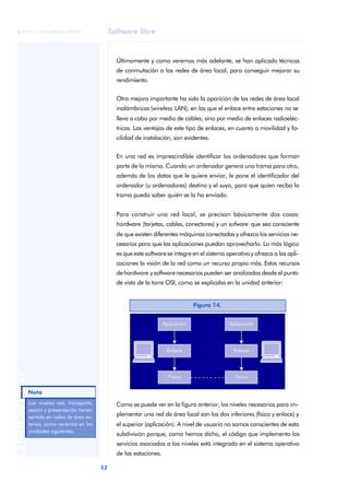 Software libre 
ãã FUOC • XP04/90786/00020 
52 ANOTACIONES 
Últimamente y como veremos más adelante, se han aplicado técnicas 
de conmutación a las redes de área local, para conseguir mejorar su 
rendimiento. 
Otra mejora importante ha sido la aparición de las redes de área local 
inalámbricas (wireless LAN), en las que el enlace entre estaciones no se 
lleva a cabo por medio de cables, sino por medio de enlaces radioeléc-tricos. 
Las ventajas de este tipo de enlaces, en cuanto a movilidad y fa-cilidad 
de instalación, son evidentes. 
En una red es imprescindible identificar los ordenadores que forman 
parte de la misma. Cuando un ordenador genera una trama para otro, 
además de los datos que le quiere enviar, le pone el identificador del 
ordenador (u ordenadores) destino y el suyo, para que quien reciba la 
trama pueda saber quién se la ha enviado. 
Para construir una red local, se precisan básicamente dos cosas: 
hardware (tarjetas, cables, conectores) y un sofware que sea consciente 
de que existen diferentes máquinas conectadas y ofrezca los servicios ne-cesarios 
para que las aplicaciones puedan aprovecharlo. Lo más lógico 
es que este software se integre en el sistema operativo y ofrezca a las apli-caciones 
la visión de la red como un recurso propio más. Estos recursos 
de hardware y software necesarios pueden ser analizados desde el punto 
de vista de la torre OSI, como se explicaba en la unidad anterior: 
Figura 14. 
Como se puede ver en la figura anterior, los niveles necesarios para im-plementar 
una red de área local son los dos inferiores (físico y enlace) y 
el superior (aplicación). A nivel de usuario no somos conscientes de esta 
subdivisión porque, como hemos dicho, el código que implementa los 
servicios asociados a los niveles está integrado en el sistema operativo 
de las estaciones. 
Nota 
Los niveles red, transporte, 
sesión y presentación tienen 
sentido en redes de área ex-tensa, 
como veremos en las 
unidades siguientes. 
 
