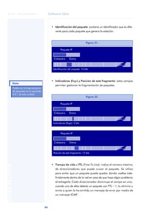Software libre 
ãã FUOC • XP04/90786/00020 
Nota 
86 ANOTACIONES 
• Identificación del paquete: contiene un identificador que es dife-rente 
para cada paquete que genera la estación. 
Figura 31. 
• Indicadores (flags) y Posición de este fragmento: estos campos 
permiten gestionar la fragmentación de paquetes. 
• Tiempo de vida o TTL (Time To Live): indica el número máximo 
de direccionadores que puede cruzar el paquete. Se utiliza 
para evitar que un paquete pueda quedar dando vueltas inde-finidamente 
dentro de la red en caso de que haya algún problema 
al entregarlo. Cada direccionador disminuye el campo en uno; 
cuando uno de ellos detecta un paquete con TTL = 1, lo elimina y 
envía a quien lo ha emitido un mensaje de error por medio de 
un mensaje ICMP. 
Podéis ver la fragmentación 
de paquetes en el apartado 
8.2.1 de esta unidad. 
Figura 32. 
 