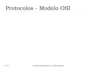 Protocolos - Modelo OSI 
APLICAÇÃO 
APRESENTAÇÃO 
SESSÃO 
TRANSPORTE 
REDE 
ENLACE 
FÍSICA 
7ª 
6ª 
5ª 
4ª 
3ª 
2ª 
1ª 
dissonpontes@21 gmail.com / @dissonpontes 
 