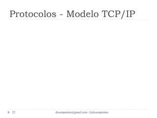 Protocolos - Modelo TCP/IP 
APLICAÇÃO 
TRANSPORTE 
INTERNET 
REDE 
4ª 
3ª 
2ª 
1ª 
dissonpontes@22 gmail.com / @dissonpontes 
 