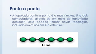 Ponto a ponto 
• A topologia ponto a ponto é a mais simples. Une dois 
computadores, através de um meio de transmissão 
qualquer. Dela pode-se formar novas topologias, 
incluindo novos nós em sua estrutura. 
 