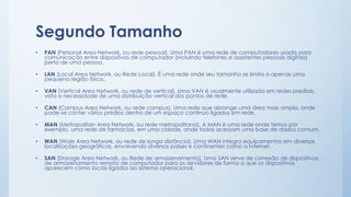Segundo Tamanho 
• PAN (Personal Area Network, ou rede pessoal). Uma PAN é uma rede de computadores usada para 
comunicação entre dispositivos de computador (incluindo telefones e assistentes pessoais digitais) 
perto de uma pessoa. 
• LAN (Local Area Network, ou Rede Local). É uma rede onde seu tamanho se limita a apenas uma 
pequena região física. 
• VAN (Vertical Area Network, ou rede de vertical). Uma VAN é usualmente utilizada em redes prediais, 
vista a necessidade de uma distribuição vertical dos pontos de rede. 
• CAN (Campus Area Network, ou rede campus). Uma rede que abrange uma área mais ampla, onde 
pode-se conter vários prédios dentro de um espaço continuo ligados em rede. 
• MAN (Metropolitan Area Network, ou rede metropolitana). A MAN é uma rede onde temos por 
exemplo, uma rede de farmácias, em uma cidade, onde todas acessam uma base de dados comum. 
• WAN (Wide Area Network, ou rede de longa distância). Uma WAN integra equipamentos em diversas 
localizações geográficas, envolvendo diversos países e continentes como a Internet. 
• SAN (Storage Area Network, ou Rede de armazenamento). Uma SAN serve de conexão de dispositivos 
de armazenamento remoto de computador para os servidores de forma a que os dispositivos 
aparecem como locais ligados ao sistema operacional. 
 