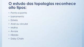 O estudo das topologias reconhece 
oito tipos: 
• Ponto-a-ponto 
• barramento 
• Estrela 
• Anel ou circular 
• Malha 
• Árvore 
• Híbrido 
• Daisy Chain 
 