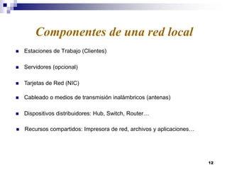  Estaciones de Trabajo (Clientes)
12
Componentes de una red local
 Servidores (opcional)
 Tarjetas de Red (NIC)
 Cableado o medios de transmisión inalámbricos (antenas)
 Recursos compartidos: Impresora de red, archivos y aplicaciones…
 Dispositivos distribuidores: Hub, Switch, Router…
 