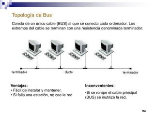 24
Topología de Bus
Consta de un único cable (BUS) al que se conecta cada ordenador. Los
extremos del cable se terminan con una resistencia denominada terminador.
Ventajas:
• Fácil de instalar y mantener.
• Si falla una estación, no cae la red.
Inconvenientes:
•Si se rompe el cable principal
(BUS) se inutiliza la red.
 