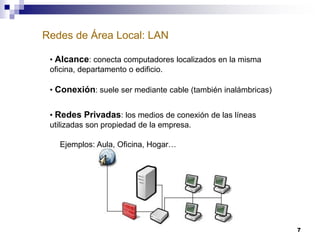Redes de Área Local: LAN
7
• Alcance: conecta computadores localizados en la misma
oficina, departamento o edificio.
• Conexión: suele ser mediante cable (también inalámbricas)
• Redes Privadas: los medios de conexión de las líneas
utilizadas son propiedad de la empresa.
Ejemplos: Aula, Oficina, Hogar…
 