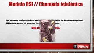 Modelo OSI // Chamada telefónica
Sem entrar nos detalhes laboriosos e no vocabulário do Modelo OSI, irei ilustrar as categorias do
OSI das sete camadas (de baixo para cima) através de um exemplo:
Uma chamada telefónica.
 