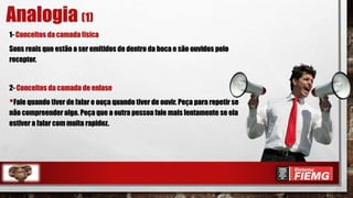 1- Conceitos da camada física
Sons reais que estão a ser emitidos de dentro da boca e são ouvidos pelo
receptor.
2- Conceitos da camada de enlase
•Fale quando tiver de falar e ouça quando tiver de ouvir. Peça para repetir se
não compreender algo. Peça que a outra pessoa fale mais lentamente se ela
estiver a falar com muita rapidez.
Analogia (1)
 