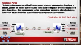 3389
Portas
110
80
3389
E-mails
Internet
Acesso
Remoto
1.0.0.2
1.0.0.21.0.0.1
110
1.0.0.2
3389
1.0.0.2
80
1.0.0.2
Transmissão
Recepção
Serviços
Portas
110
80
3389
E-mails
Internet
Acesso
Remoto
Serviços
Função das Portas
“As duas portas servem para identificar os pontos extremos nas maquinas de origem e
destino. Quando um pacote UDP chega, sua carga útil e entregue ao processo associado a
porta de destino. ... Sem os campos de portas, a camada de transporte não saberia o que
fazer com o pacote. Com elas, a camada entrega o segmentos corretamente.”
(TANENBAUM, PDF, PAG. 400.)
 