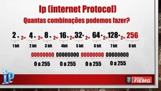 Ip (internet Protocol)
Quantas combinações podemos fazer?
2
1 bit
* 2= 4
2 bit
* 2= 8
3 bit
* 2= 16
4bit
*2=32
5 bit
* 2= 64
6 bit
*2=128
7 bit
*2= 256
8 bit
00000000 00000000 00000000 00000000
0 a 255 0 a 255 0 a 255 0 a 255
 