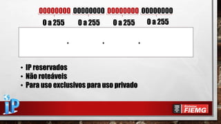 0 a 255 0 a 255 0 a 255 0 a 255
00000000 00000000 00000000 00000000
. . .
• IP reservados
• Não roteáveis
• Para uso exclusivos para uso privado
 