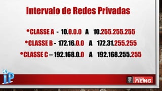 Intervalo de Redes Privadas
•CLASSE A - 10.0.0.0 A 10.255.255.255
•CLASSE B - 172.16.0.0 A 172.31.255.255
•CLASSE C – 192.168.0.0 A 192.168.255.255
 