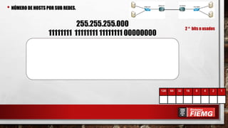 • NÚMERO DE HOSTS POR SUB REDES.
255.255.255.000
11111111 11111111 11111111 00000000
128 64 32 16 8 4 2 1
2 ^ bits n usados
 
