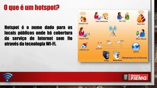 O que é um hotspot?
Hotspot é o nome dado para os
locais públicos onde há cobertura
do serviço de Internet sem fio
através da tecnologia Wi-Fi.
 