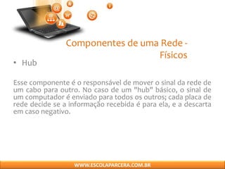 Componentes de uma Rede -
Físicos
• Hub
Esse componente é o responsável de mover o sinal da rede de
um cabo para outro. No caso de um "hub" básico, o sinal de
um computador é enviado para todos os outros; cada placa de
rede decide se a informação recebida é para ela, e a descarta
em caso negativo.
WWW.ESCOLAPARCERA.COM.BR
 