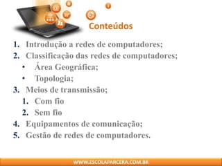 Conteúdos
1. Introdução a redes de computadores;
2. Classificação das redes de computadores;
• Área Geográfica;
• Topologia;
3. Meios de transmissão;
1. Com fio
2. Sem fio
4. Equipamentos de comunicação;
5. Gestão de redes de computadores.
WWW.ESCOLAPARCERA.COM.BR
 