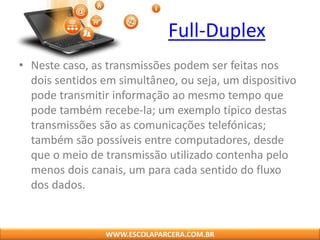 Full-Duplex
• Neste caso, as transmissões podem ser feitas nos
dois sentidos em simultâneo, ou seja, um dispositivo
pode transmitir informação ao mesmo tempo que
pode também recebe-la; um exemplo típico destas
transmissões são as comunicações telefónicas;
também são possíveis entre computadores, desde
que o meio de transmissão utilizado contenha pelo
menos dois canais, um para cada sentido do fluxo
dos dados.
WWW.ESCOLAPARCERA.COM.BR
 