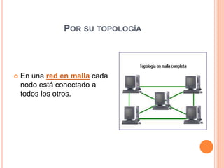 POR SU TOPOLOGÍA
 En una red en malla cada
nodo está conectado a
todos los otros.
 