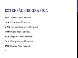 EXTENSÃO GEOGRÁFICA
PAN (Personal Area Network)
LAN (Local Area Network)
MAN (Metropolitan Area Network)
WAN (Wide Area Network)
RAN (Regional Area Network)
CAN (Campus Area Network)
SAN (Storage Area Network)
…
 