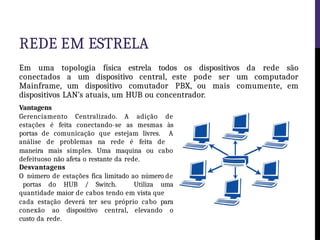 REDE EM ESTRELA
Em uma topologia física estrela todos os dispositivos da rede são
conectados a um dispositivo central, este pode ser um computador
Mainframe, um dispositivo comutador PBX, ou mais comumente, em
dispositivos LAN’s atuais, um HUB ou concentrador.
Vantagens
Gerenciamento Centralizado. A adição de
estações é feita conectando-se as mesmas às
portas de comunicação que estejam livres. A
análise de problemas na rede é feita de
maneira mais simples. Uma maquina ou cabo
defeituoso não afeta o restante da rede.
Desvantagens
O número de estações fica limitado ao número de
portas do HUB / Switch. Utiliza uma
quantidade maior de cabos tendo em vista que
cada estação deverá ter seu próprio cabo para
conexão ao dispositivo central, elevando o
custo da rede.
 
