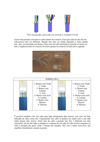 Existe uma posição certa para os cabos dentro do conector. Note que cada um dos fios do
cabo possui uma cor diferente. Metade tem uma cor sólida enquanto a outra metade
tem uma cor mesclada com branco. Para criar um cabo destinado a conectar os micros ao
hub, a seqüência tanto no conector do micro quanto no conector do hub será o seguinte:




                                     NORMA 568 A

                       1- Branco com Verde                          1- Branco com Verde
                             2- Verde                                     2- Verde
                          3- Branco com                                3- Branco com
                              Laranja                                      Laranja
                              4- Azul                                      4- Azul
                       5- Branco com Azul                           5- Branco com Azul
                            6- Laranja                                   6- Laranja
                          7- Branco com                                7- Branco com
                             Marrom                                       Marrom
                            8- Marrom                                    8- Marrom




É possível também criar um cabo para ligar diretamente dois micros, sem usar um hub,
chamado de cabo cross-over. Logicamente este cabo só poderá ser usado caso a sua rede
tenha apenas dois micros. Neste tipo de cabo a posição dos fios é diferente nos dois
conectores, de um dos lados a pinagem é a mesma de um cabo de rede normal, enquanto no
outro a posição dos pares verde e laranja são trocados. Daí vem o nome cross-over, que
significa, literalmente, cruzado na ponta:
 