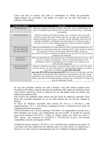 Como você deve ter notado, nem todas as combinações de valores são permitidas.
Alguns números são reservados e não podem ser usados em sua rede. Veja agora os
endereços IPs inválidos:




Se você não pretender conectar sua rede à Internet, você pode utilizar qualquer faixa
de endereços IP válidos e tudo irá funcionar sem problemas. Mas, apartir do momento em que
você resolver conecta-los à Web os endereços da sua rede poderá entrar em conflito com
endereços já usados na Web.
Para resolver este problema, basta utilizar uma das faixas de endereços reservados. Estas
faixas são reservadas justamente ao uso em redes internas, por isso não são roteadas na
Internet.
As faixas de endereços reservados mais comuns são 10.x.x.x e 192.168.x.x, onde
respectivamente o 10 e o 192.168 são os endereços da rede e o endereço de host pode ser
configurado da forma que desejar.
O ICS do Windows usa a faixa de endereços 192.168.0.x. Ao compartilhar a conexão com a
Web utilizando este recurso, você simplesmente não terá escolha. O servidor de conexão
passa a usar o endereço 192.168.0.1 e todos os demais micros que forem ter acesso à
Web devem usar endereços de 192.168.0.2 a 192.168.0.254, já que o ICS permite
compartilhar a conexão entre apenas 254 PCs.

O default em muitos sistemas é 192.168.1.x, mas você pode usar os endereços que quiser. Se
você quiser uma faixa ainda maior de endereços para a sua rede interna, é só apelar para a
faixa 10.x.x.x, onde você terá à sua disposição mais de 12 milhões de endereços diferentes.
 