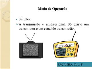 Modo de Operação
 Simplex
 A transmissão é unidirecional. Só existe um
transmissor e um canal de transmissão.
FAÇANHA, C. L. F
 