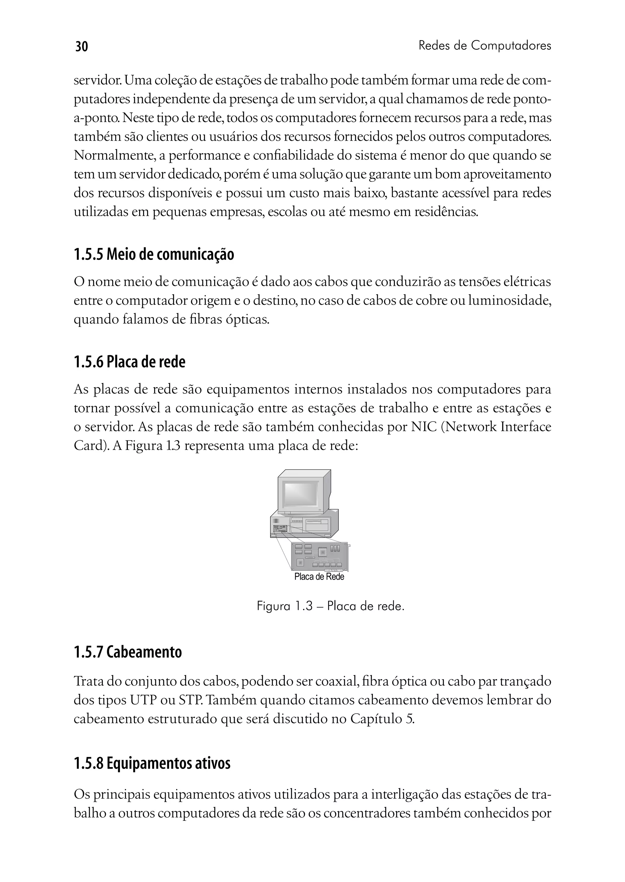 30                                                            Redes de Computadores

servidor. Uma coleção de estações de trabalho pode também formar uma rede de com-
putadores independente da presença de um servidor, a qual chamamos de rede ponto-
a-ponto. Neste tipo de rede, todos os computadores fornecem recursos para a rede, mas
também são clientes ou usuários dos recursos fornecidos pelos outros computadores.
Normalmente, a performance e confiabilidade do sistema é menor do que quando se
tem um servidor dedicado, porém é uma solução que garante um bom aproveitamento
dos recursos disponíveis e possui um custo mais baixo, bastante acessível para redes
utilizadas em pequenas empresas, escolas ou até mesmo em residências.


1.5.5 Meio de comunicação
O nome meio de comunicação é dado aos cabos que conduzirão as tensões elétricas
entre o computador origem e o destino, no caso de cabos de cobre ou luminosidade,
quando falamos de fibras ópticas.


1.5.6 Placa de rede
As placas de rede são equipamentos internos instalados nos computadores para
tornar possível a comunicação entre as estações de trabalho e entre as estações e
o servidor. As placas de rede são também conhecidas por NIC (Network Interface
Card). A Figura 1.3 representa uma placa de rede:




                                       Placa de Rede


                                Figura 1.3 – Placa de rede.


1.5.7 Cabeamento
Trata do conjunto dos cabos, podendo ser coaxial, fibra óptica ou cabo par trançado
dos tipos UTP ou STP. Também quando citamos cabeamento devemos lembrar do
cabeamento estruturado que será discutido no Capítulo 5.


1.5.8 Equipamentos ativos
Os principais equipamentos ativos utilizados para a interligação das estações de tra-
balho a outros computadores da rede são os concentradores também conhecidos por
 