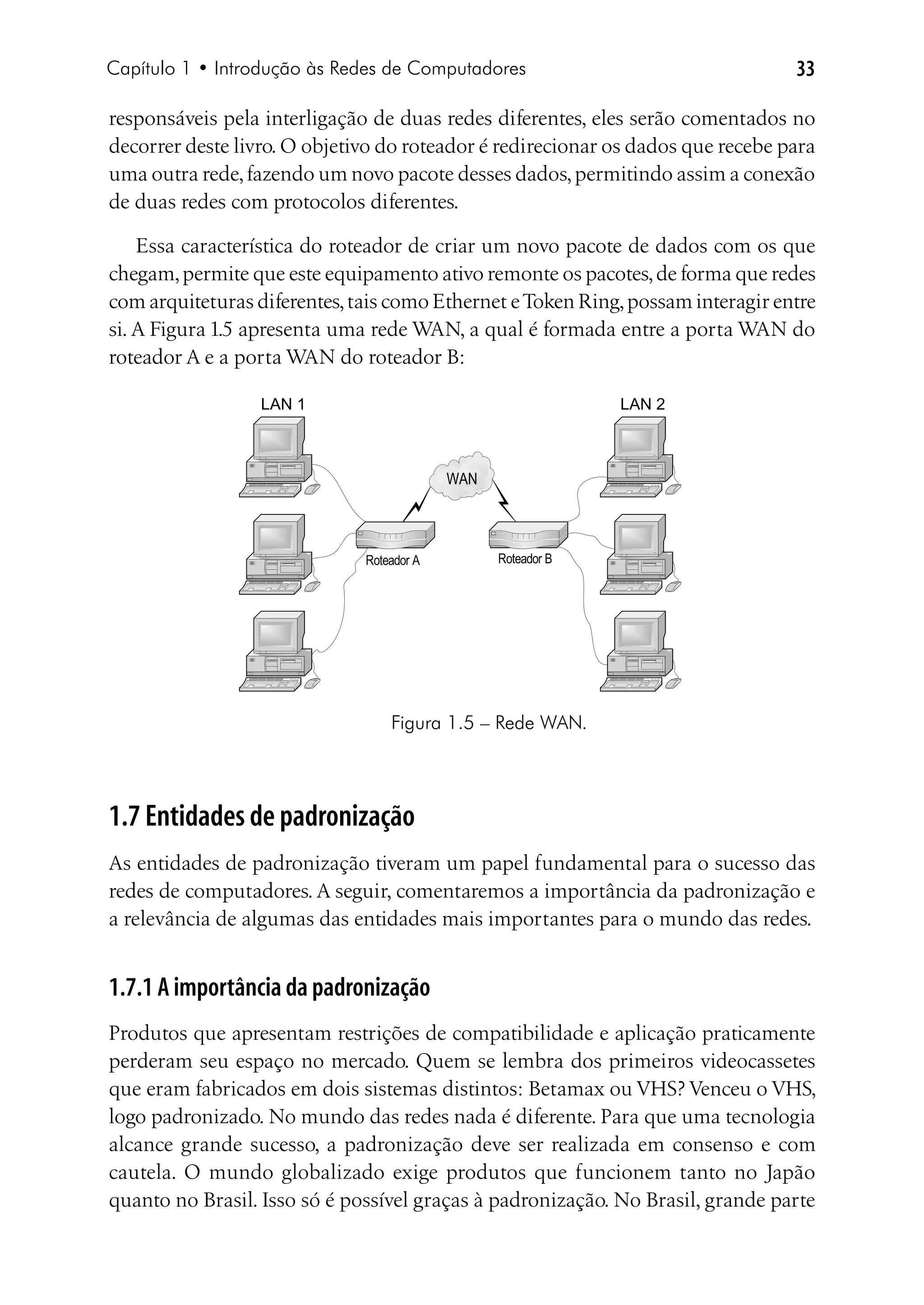 Capítulo 1 • Introdução às Redes de Computadores                                 33

responsáveis pela interligação de duas redes diferentes, eles serão comentados no
decorrer deste livro. O objetivo do roteador é redirecionar os dados que recebe para
uma outra rede, fazendo um novo pacote desses dados, permitindo assim a conexão
de duas redes com protocolos diferentes.

    Essa característica do roteador de criar um novo pacote de dados com os que
chegam, permite que este equipamento ativo remonte os pacotes, de forma que redes
com arquiteturas diferentes, tais como Ethernet e Token Ring, possam interagir entre
si. A Figura 1.5 apresenta uma rede WAN, a qual é formada entre a porta WAN do
roteador A e a porta WAN do roteador B:

                  LAN 1                                       LAN 2



                                           WAN




                              Roteador A         Roteador B




                                  Figura 1.5 – Rede WAN.




1.7 Entidades de padronização
As entidades de padronização tiveram um papel fundamental para o sucesso das
redes de computadores. A seguir, comentaremos a importância da padronização e
a relevância de algumas das entidades mais importantes para o mundo das redes.


1.7.1 A importância da padronização
Produtos que apresentam restrições de compatibilidade e aplicação praticamente
perderam seu espaço no mercado. Quem se lembra dos primeiros videocassetes
que eram fabricados em dois sistemas distintos: Betamax ou VHS? Venceu o VHS,
logo padronizado. No mundo das redes nada é diferente. Para que uma tecnologia
alcance grande sucesso, a padronização deve ser realizada em consenso e com
cautela. O mundo globalizado exige produtos que funcionem tanto no Japão
quanto no Brasil. Isso só é possível graças à padronização. No Brasil, grande parte
 