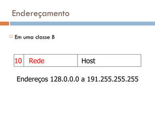 Endereçamento Em uma classe B 10 Rede Host Endereços 128.0.0.0 a 191.255.255.255 