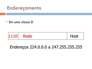 Endereçamento Em uma classe D 1110 Rede Host Endereços 224.0.0.0 a 247.255.255.255 